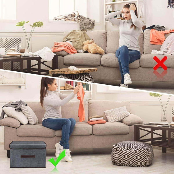 Featured foldable storage boxes with lids 2 set of linen fabric cubes with handles for shelf closet book kid toy nursery organize grey