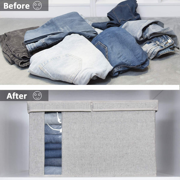 Home storageworks closet storage organizer with transparent clear window storage boxes with lid double open lid gray cotton fabric box jumbo