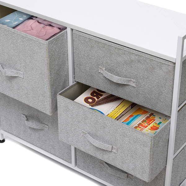 Best kingso fabric 5 drawer dresser storage tower organizer unit with sturdy steel frame and easy pull faux linen drawers for bedroom living room guest room dorm closet grey