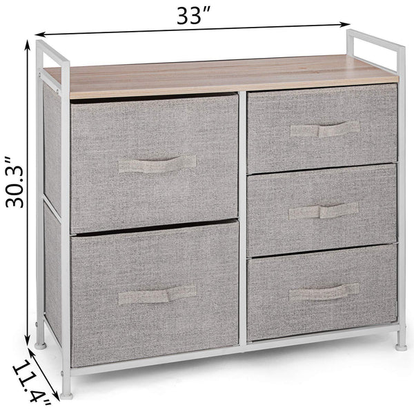 Budget happybuy 5 drawer storage organizer unit with fabric bins bedroom play room entryway hallway closets steel frame mdf top dresser storage tower fabric cube dresser chest cabinet beige tall