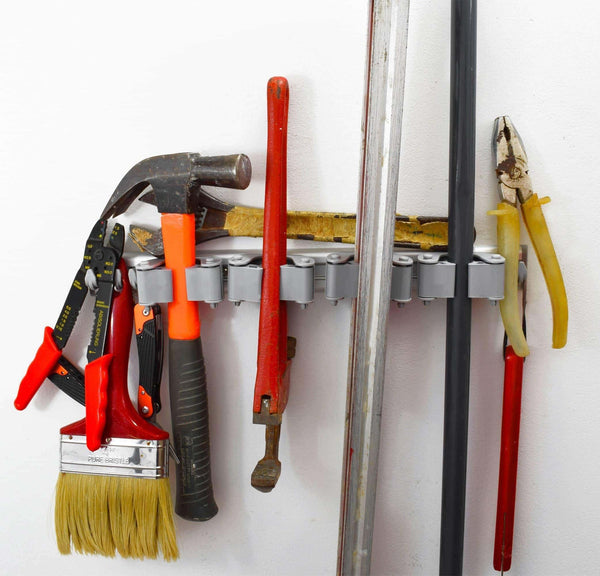 Shop not yet another mop broom holder clips hold everything better than rollers 4 sliding grippers and 4 hooks wall mount on aluminum rack by 2 screws only tools organizer for garden garage or closet