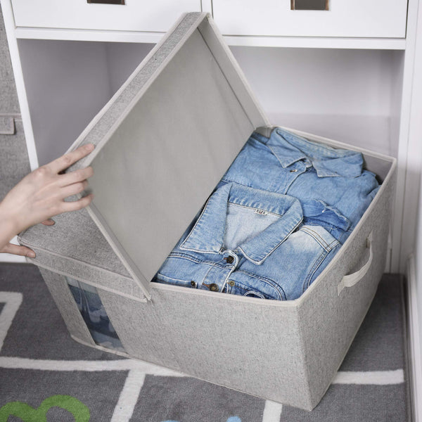 Get storageworks closet storage organizer with transparent clear window storage boxes with lid double open lid gray cotton fabric box jumbo