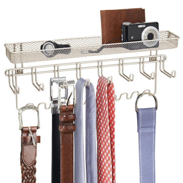 Storage mdesign closet wall mount mens accessory storage organizer rack holds belts neck ties watches change sunglasses wallets 19 hooks and basket 2 pack satin