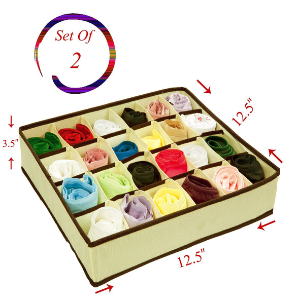 Storage organizer closet underwear storage organizer box for socks bra ties clothing lingerie underwear drawer 24 divider collapsible beige size 12 x 12 x 3 set of 2