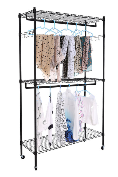 Exclusive homdox double rod closet 3 shelves wire shelving clothing rolling rack heavy duty garment rack with wheels and side hooks