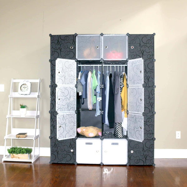 Storage unicoo multi use diy plastic 20 cube organizer bookcase storage cabinet wardrobe closet black with black white door deeper cube