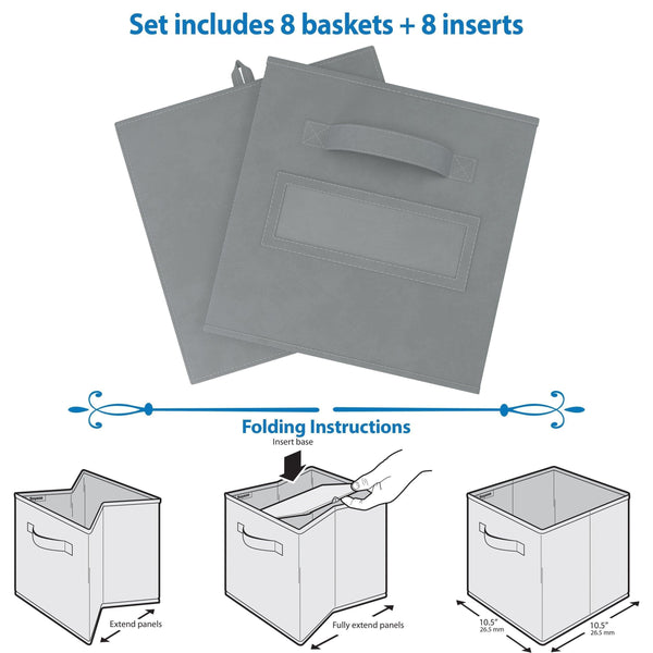 Exclusive royexe storage cubes set of 8 storage baskets features dual handles 10 label window cards cube storage bins foldable fabric closet shelf organizer drawer organizers and storage grey