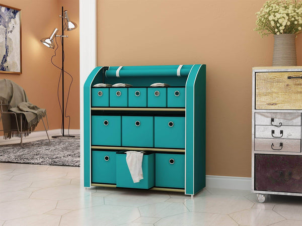 Organize with homebi multi bin storage shelf 11 drawers storage chest linen organizer closet cabinet with zipper covered foldable fabric bins and sturdy metal shelf frame in turquoise 31w x12 dx32h