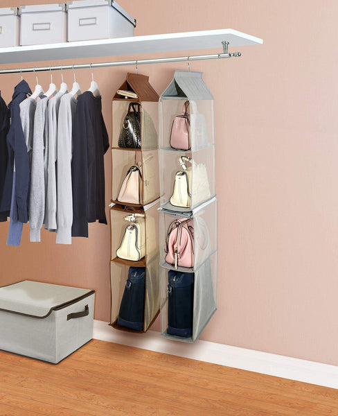 Discover the detachable 4 big compartment pouch hanging handbag organizer clear purse bag storage holder wardrobe closet space saving organizers system for living room bedroom usepack of 2 grey