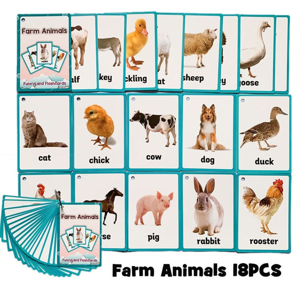 18Pcs/Set Farm Animals Kids Montessori Learning English Card Word Card Pocket Flash Card Early Educational Toys For Children