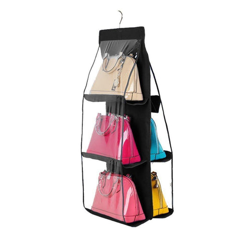 Discover the best geboor hanging handbag organizer dust proof storage holder bag wardrobe closet for purse clutch with 6 larger pockets black