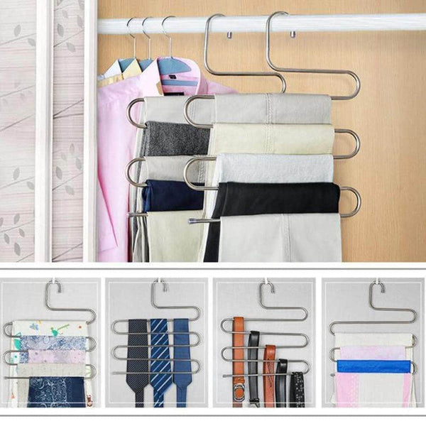 Latest ahua 4 pack premium s type clothes pants hanger s shape stainless steel space saving hanger saver organization 5 layers closet storage organizer for jeans trousers tie belt scarf