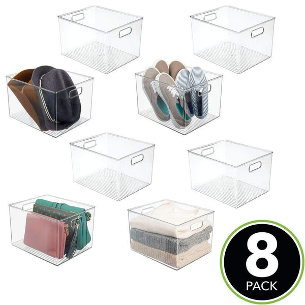 On amazon mdesign plastic home storage basket bin with handles for organizing closets shelves and cabinets in bedrooms bathrooms entryways and hallways store sweaters purses 8 high 8 pack clear
