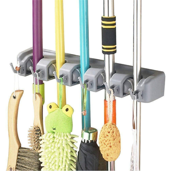 Discover home neat mop and broom holder wall mount garden tool storage tool rack storage organization for the home plastic hanger for closet garage organizer shed organizer 5 position