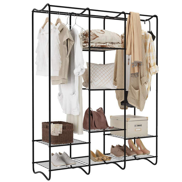 Budget friendly langria large free standing closet garment rack made of sturdy iron with spacious storage space 8 shelves clothes hanging rods heavy duty clothes organizer for bedroom entryway black