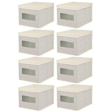 Featured mdesign soft fabric stackable closet storage organizer holder box with clear window attached hinged lid bedroom hallway entryway closet bathroom stripe print large 8 pack natural cobalt blue