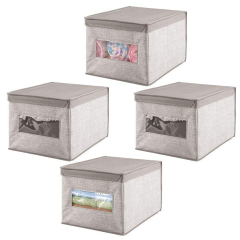 Products mdesign decorative soft stackable fabric closet storage organizer holder box clear window lid for child kids room nursery large collapsible foldable textured print 4 pack linen tan
