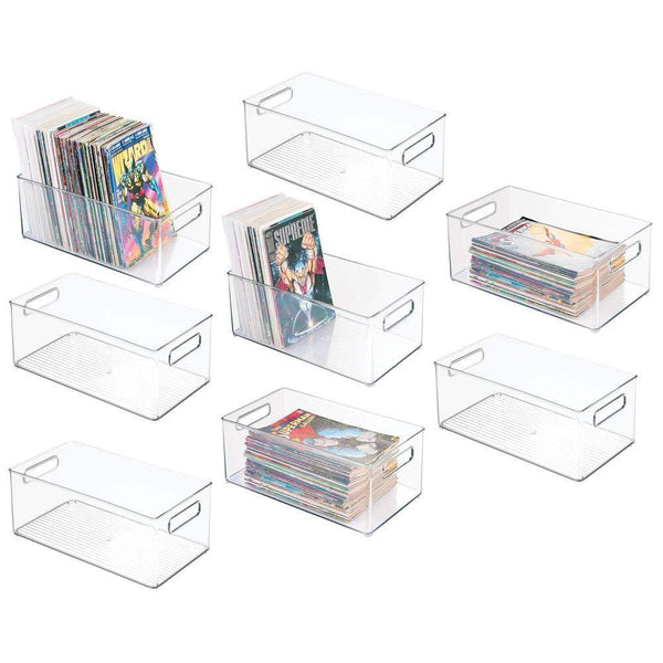 Best mdesign plastic home storage organizer container bin with handles for closets cabinets shelves hold dvds video games head sets controllers comics movies 14 5 long 8 pack clear