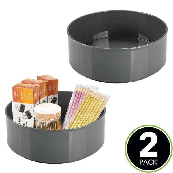 Best mdesign deep plastic spinning lazy susan turntable storage container for desktop drawer closet rotating organizer for home office supplies erasers colored pencils 2 pack charcoal gray