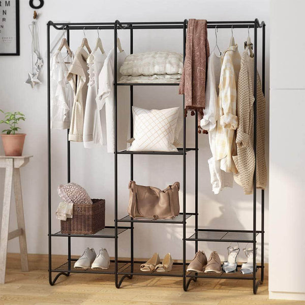 Discover the best langria large free standing closet garment rack made of sturdy iron with spacious storage space 8 shelves clothes hanging rods heavy duty clothes organizer for bedroom entryway black