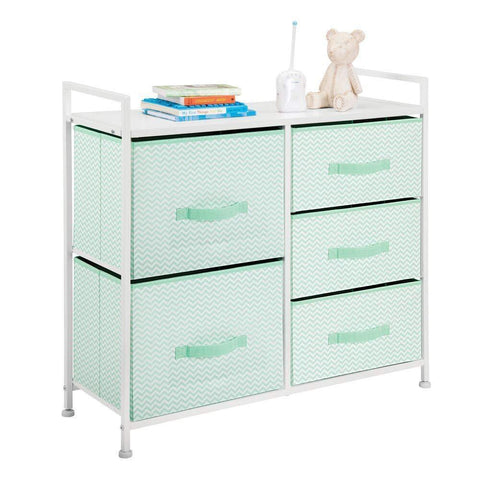 Latest mdesign wide dresser storage tower furniture metal frame wood top easy pull fabric bins organizer for kids bedroom hallway entryway closet dorm chevron print 5 drawers mint green white