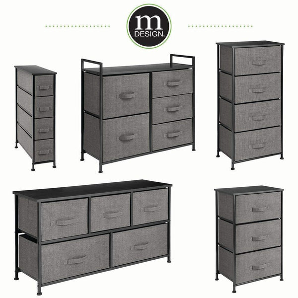 Discover the best mdesign vertical dresser storage tower sturdy steel frame wood top easy pull fabric bins organizer unit for bedroom hallway entryway closets textured print 3 drawers charcoal gray black