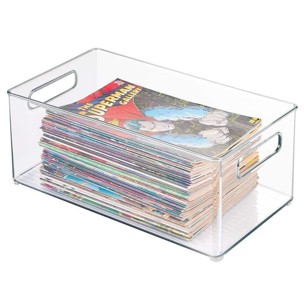 Buy now mdesign plastic home storage organizer container bin with handles for closets cabinets shelves hold dvds video games head sets controllers comics movies 14 5 long 8 pack clear
