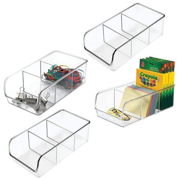 Budget friendly mdesign divided plastic home office desk drawer organizer storage bin for cabinets closets drawers desktops tables workspaces holds pens pencils erasers markers 3 sections 4 pack clear