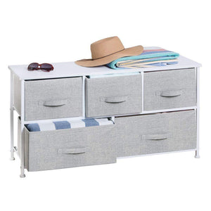 Budget mdesign extra wide dresser storage tower sturdy steel frame wood top easy pull fabric bins organizer unit for bedroom hallway entryway closets textured print 5 drawers gray white
