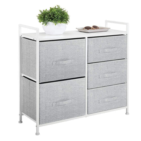 Try mdesign wide dresser storage tower sturdy steel frame wood top easy pull fabric bins organizer unit for bedroom hallway entryway closets textured print 5 drawers gray white