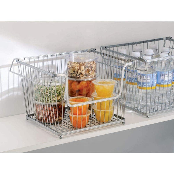 Get mdesign modern stackable metal storage organizer bin basket with handles open front for kitchen cabinets pantry closets bedrooms bathrooms large 3 pack silver