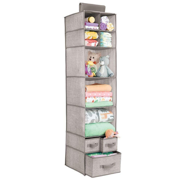 Discover the best mdesign soft fabric over closet rod hanging storage organizer with 7 shelves and 3 removable drawers for child kids room or nursery textured print 2 pack linen tan