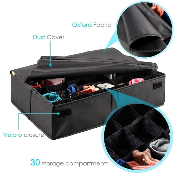 Latest mifxin underwear socks storage organizer drawer divider 30 cell foldable closet drawer organizer storage box bin for socks bras underwear ties with dust moisture proof cover black