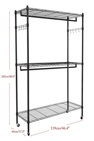 Heavy duty modrine double rod garment rack 3 tiers heavy duty hanging closet with lockable rolling wheels 2 side hooks and 2 clothes rods black
