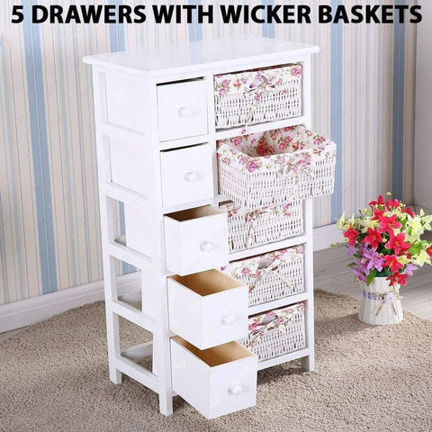 Exclusive durable dresser storage tower 5 drawers with wicker baskets sturdy frame wood top easy pulling organizer unit for bedroom hallway entryway closet white