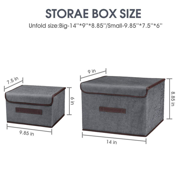 Kitchen foldable storage boxes with lids 2 set of linen fabric cubes with handles for shelf closet book kid toy nursery organize grey