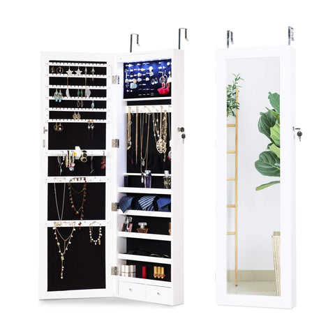 Get cloud mountain jewelry cabinet 6 leds jewelry armoire lockable wall door mounted jewelry cabinet organizer with mirror 2 drawers bedroom living room cloakroom closet white