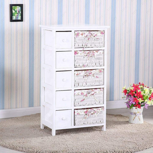 Explore durable dresser storage tower 5 drawers with wicker baskets sturdy frame wood top easy pulling organizer unit for bedroom hallway entryway closet white