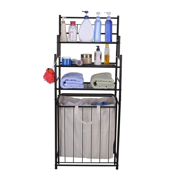 Exclusive mythinglogic laundry hamper with 3 tier storage shelves bathroom tower storage organizer with dual compartment removeable hamper for bathroom laundry room closet nursery oil rubbed bronze