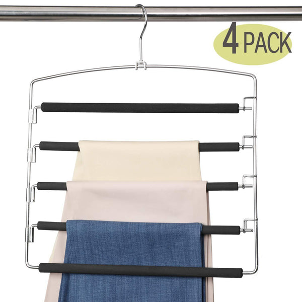 Top rated meetu pants hangers 5 layers stainless steel non slip foam padded swing arm space saving clothes slack hangers closet storage organizer for pants jeans trousers skirts scarf ties towelspack of 5