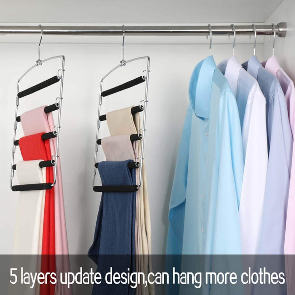 Try meetu pants hangers 5 layers stainless steel non slip foam padded swing arm space saving clothes slack hangers closet storage organizer for pants jeans trousers skirts scarf ties towelspack of 5