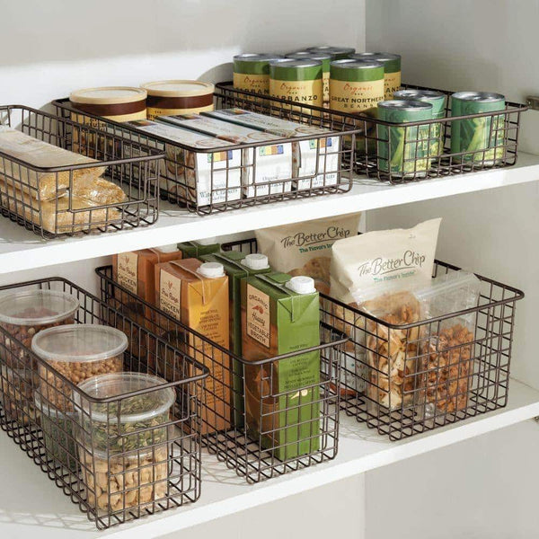 Heavy duty mdesign farmhouse decor metal wire food organizer storage bin basket with handles for kitchen cabinets pantry bathroom laundry room closets garage 16 x 9 x 6 in 8 pack bronze