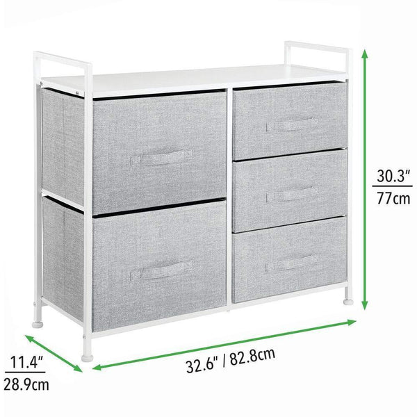 Amazon mdesign wide dresser storage tower sturdy steel frame wood top easy pull fabric bins organizer unit for bedroom hallway entryway closets textured print 5 drawers gray white