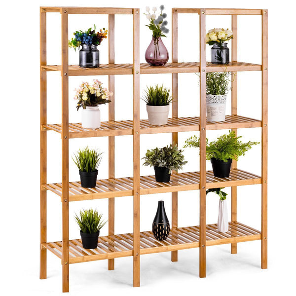 Home costway bamboo utility shelf bathroom rack plant display stand 5 tier storage organizer rack cube w several cell closet storage cabinet 12 pots