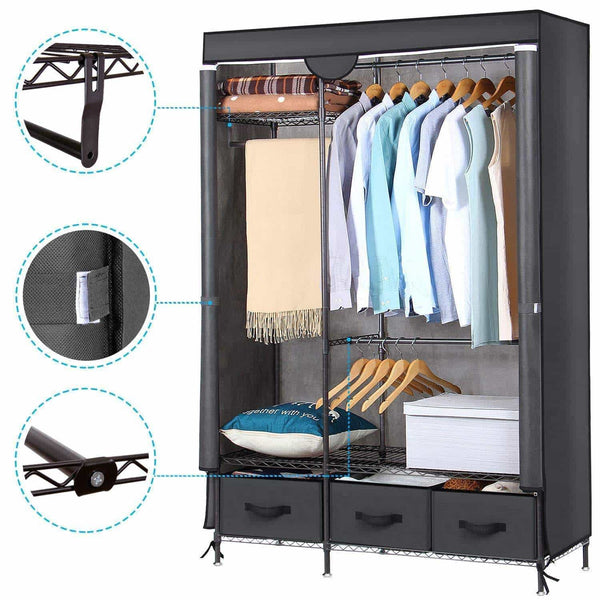 Home lifewit full metal closet organizer wardrobe closet portable closet shelves with adjustable legs non woven fabric clothes cover and 3 drawers sturdy and durable large size