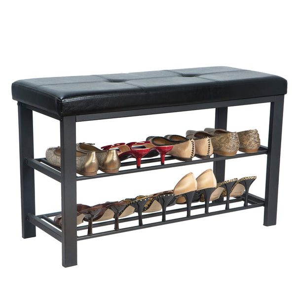 New simplify f 0680 black storage bench shoe rack ottoman tufted padded seating for entryway bedroom closet hallway black