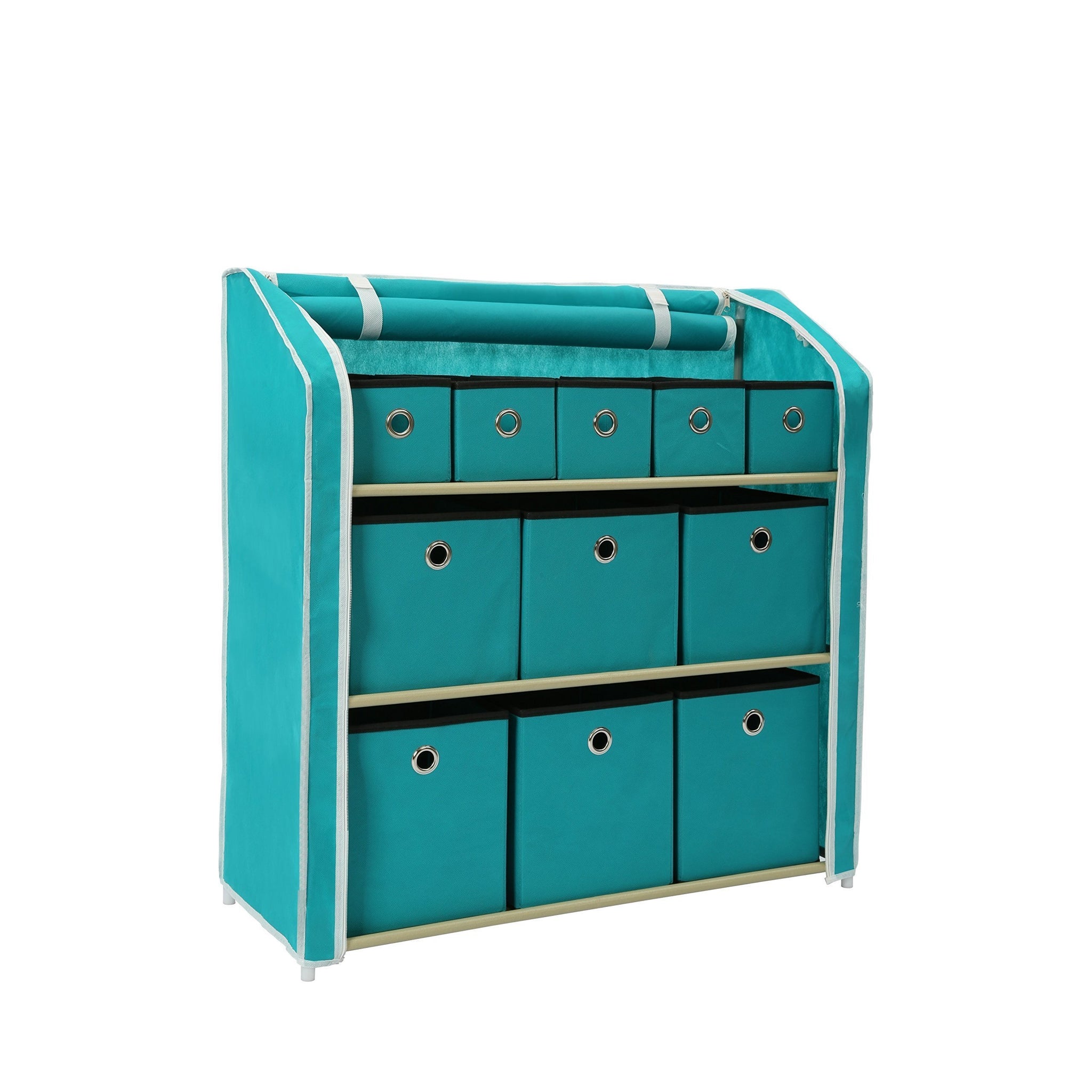 Kitchen homebi multi bin storage shelf 11 drawers storage chest linen organizer closet cabinet with zipper covered foldable fabric bins and sturdy metal shelf frame in turquoise 31w x12 dx32h
