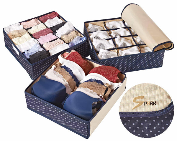 Top rated topline goods spark premium set of 3 foldable covered drawer organizer closet organizer for socks bras for women underwear baby clothes belts scarves blue