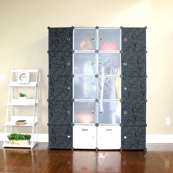 Storage organizer unicoo multi use diy plastic 20 cube organizer bookcase storage cabinet wardrobe closet black with black white door deeper cube