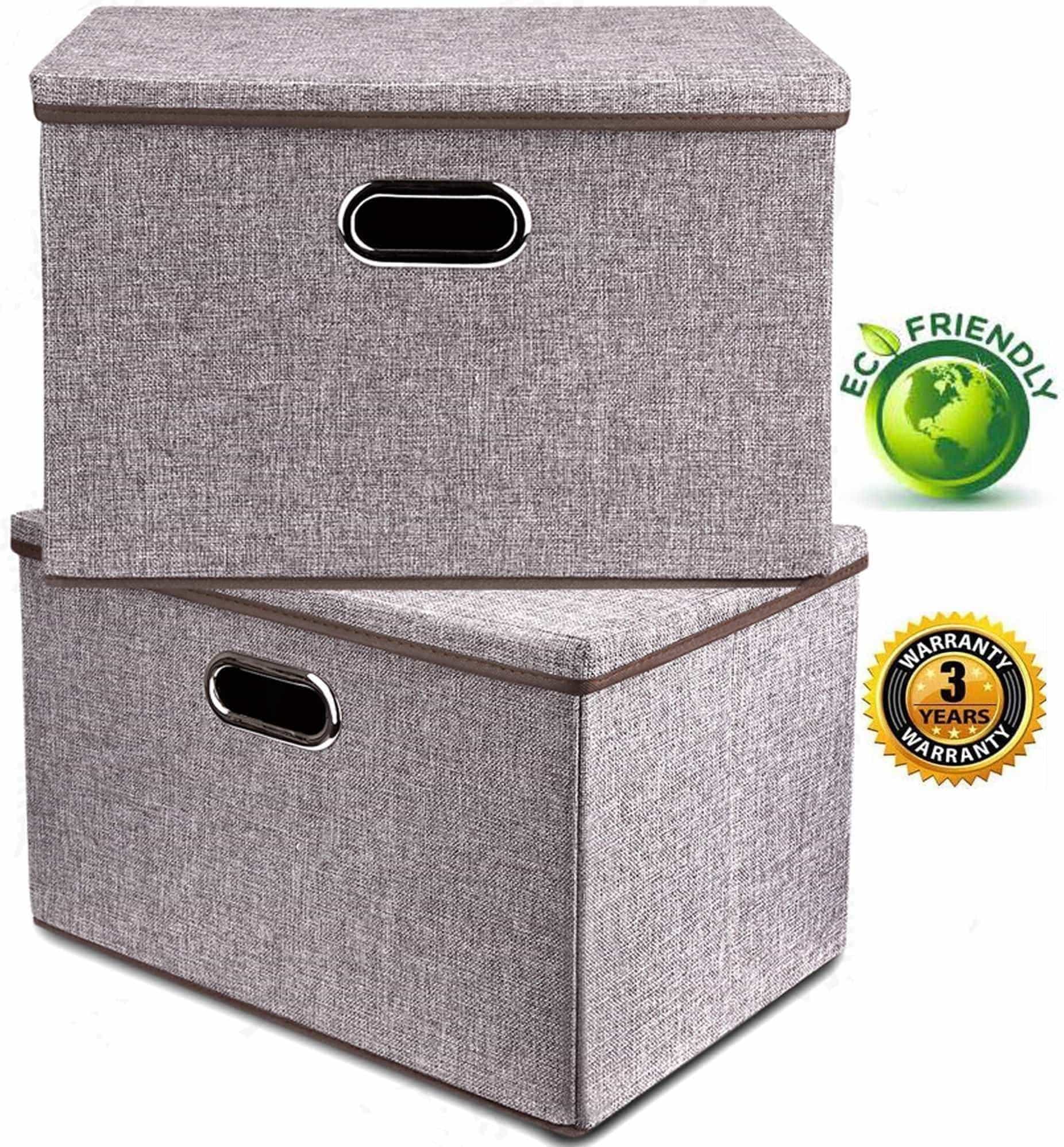 Explore large linen fabric foldable storage container 2 pack with removable lid and handles storage bin box cubes organizer gray for home office nursery closet bedroom living room